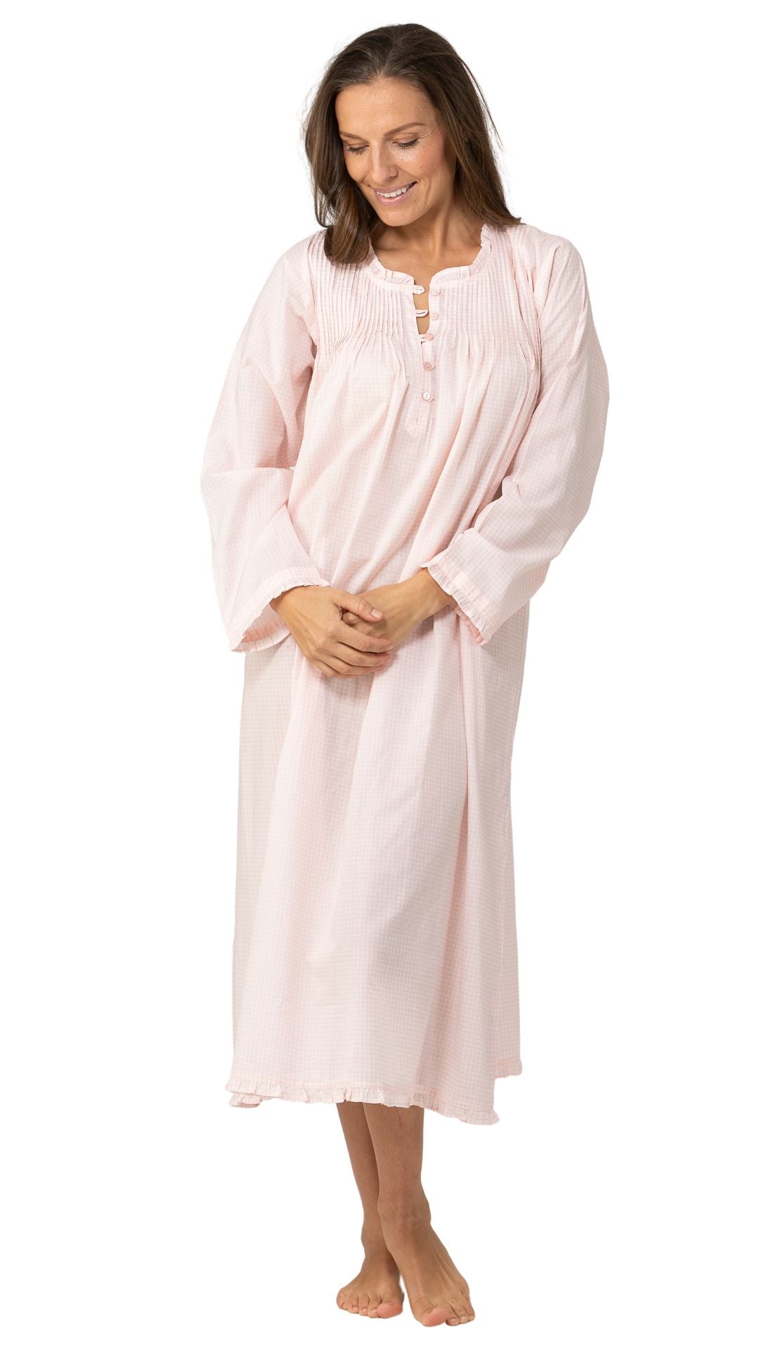 Women's Long sleeve nighties in 100% cotton white and pink