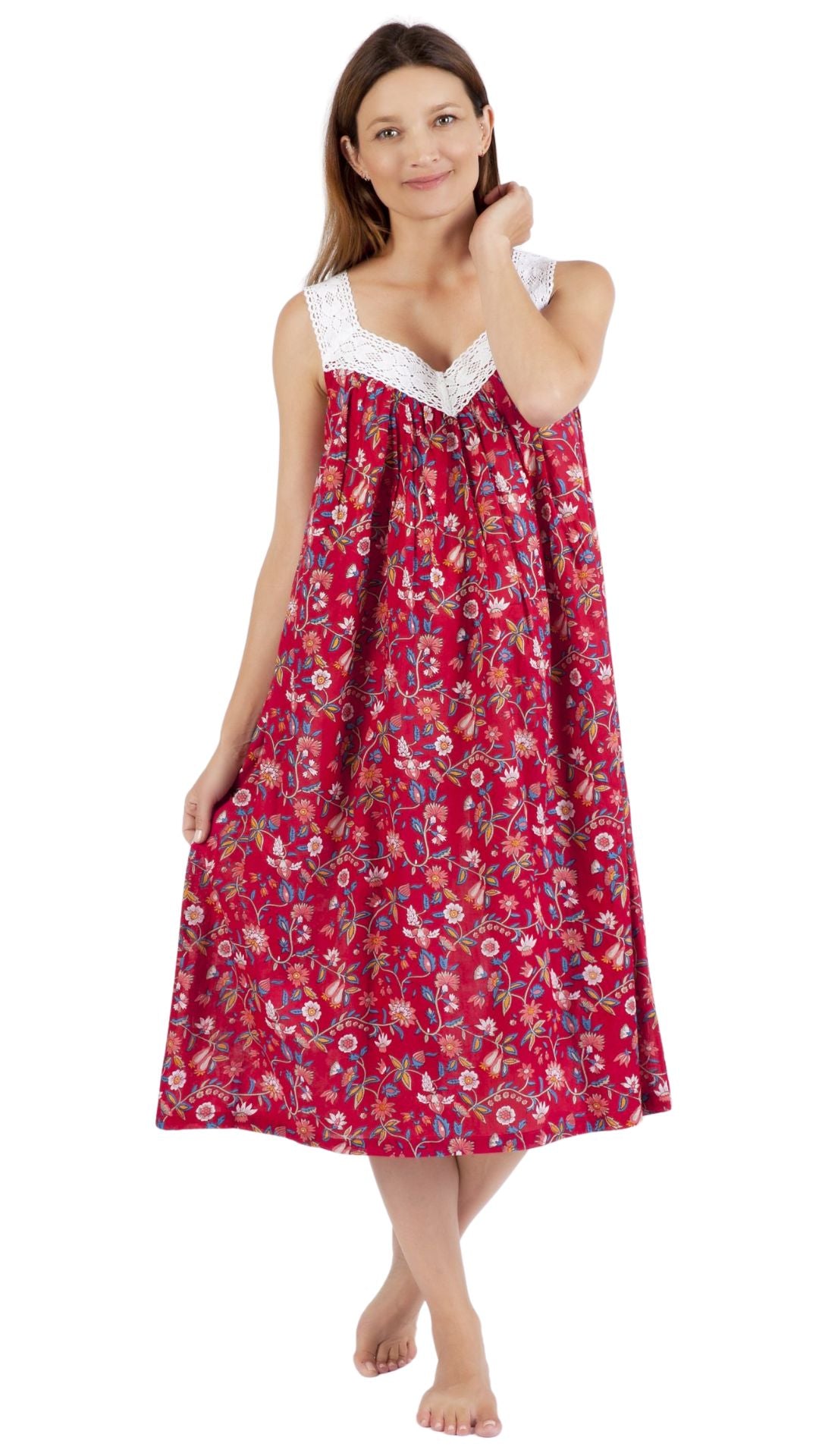 red floral cotton sleveless nightgown on model
