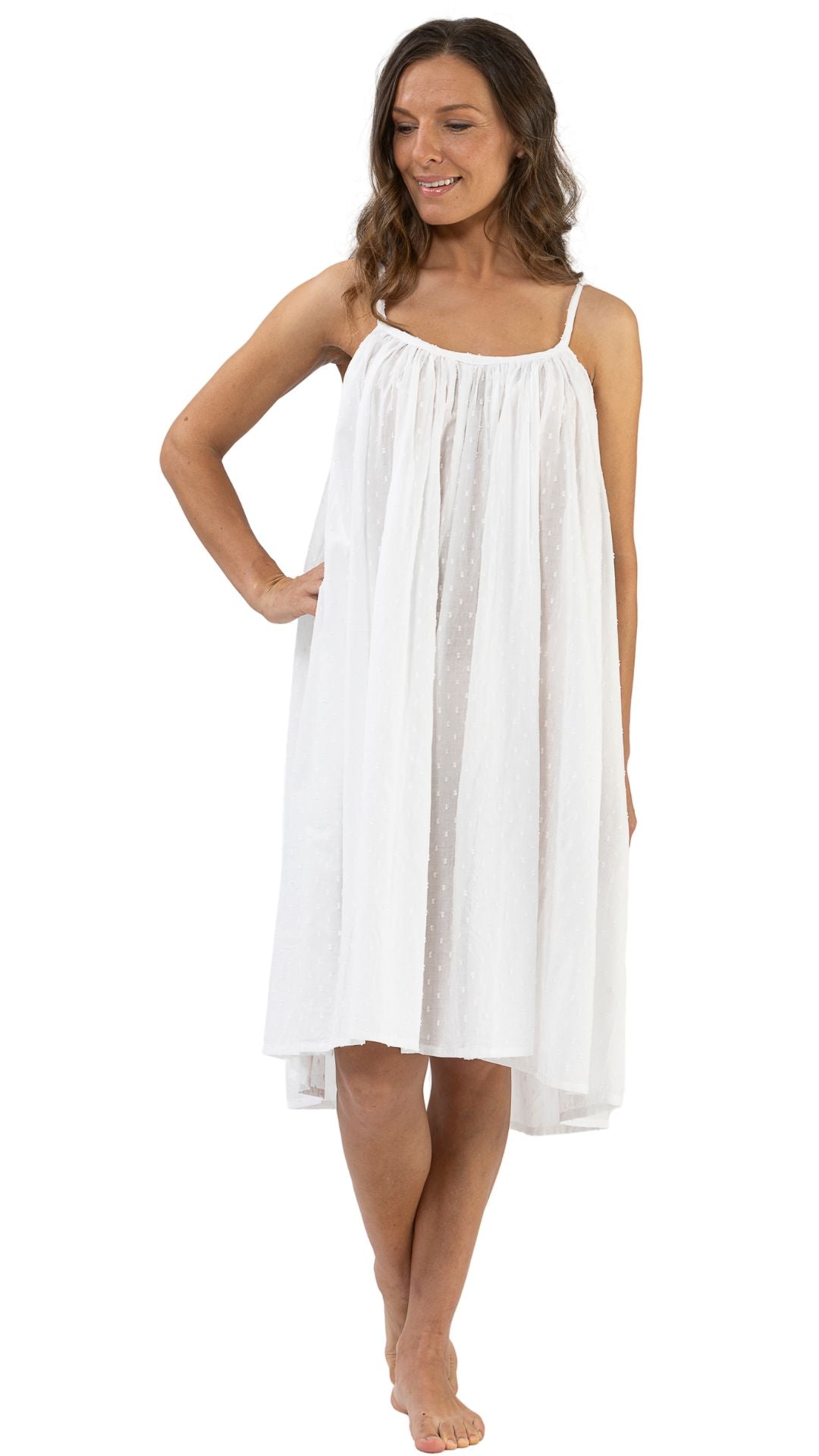 Summer cotton white night gown on model sizes XS to 2XL from Brisbane Australia