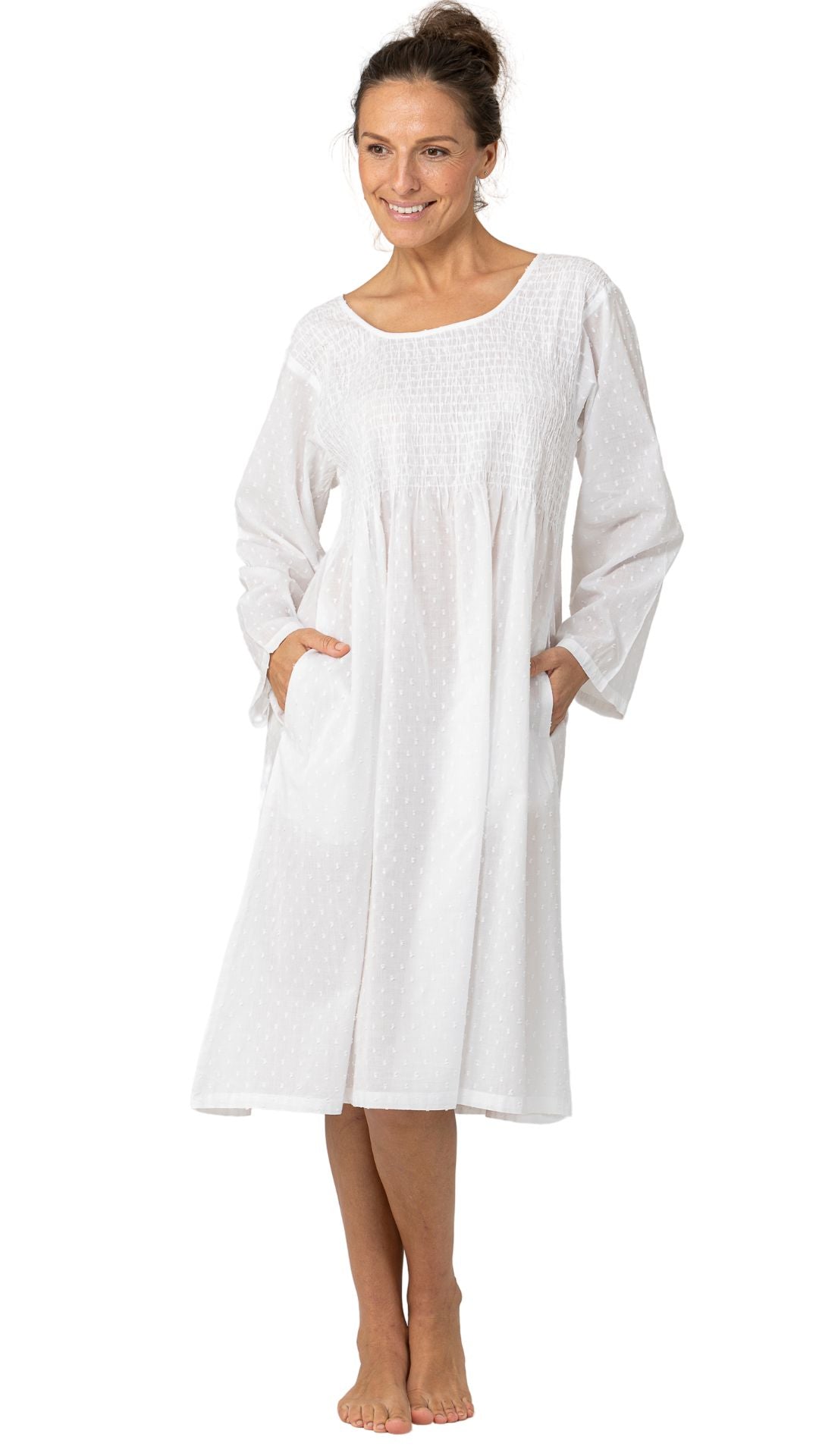 elegent long sleeve cotton nightie on model