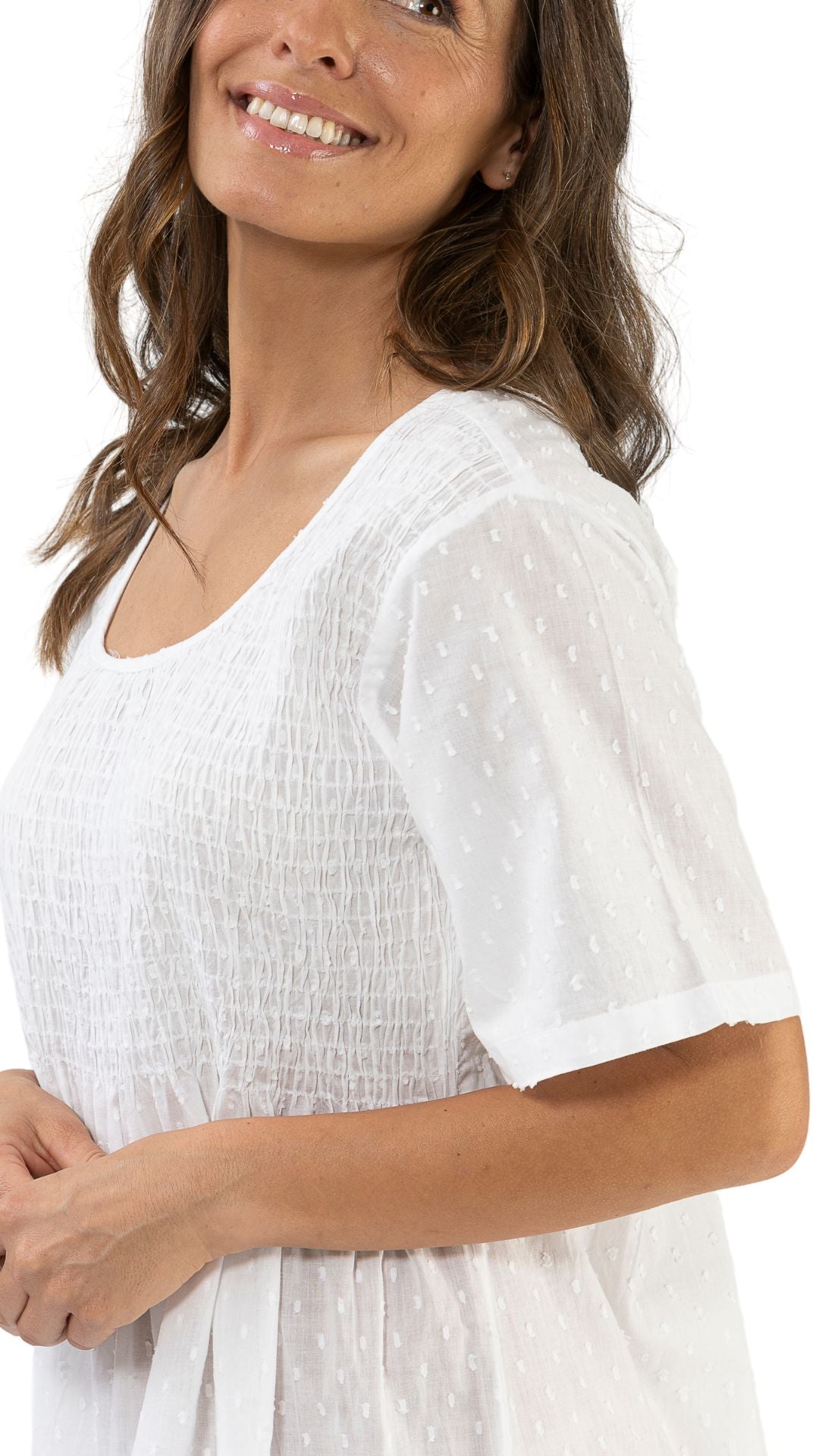 short sleeve white night gown on model