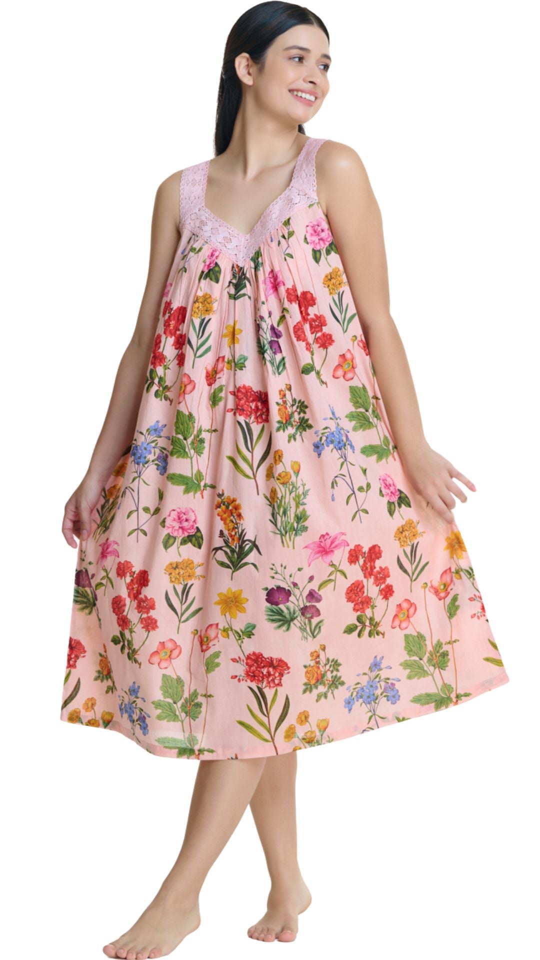 Pink floral cotton night dress
