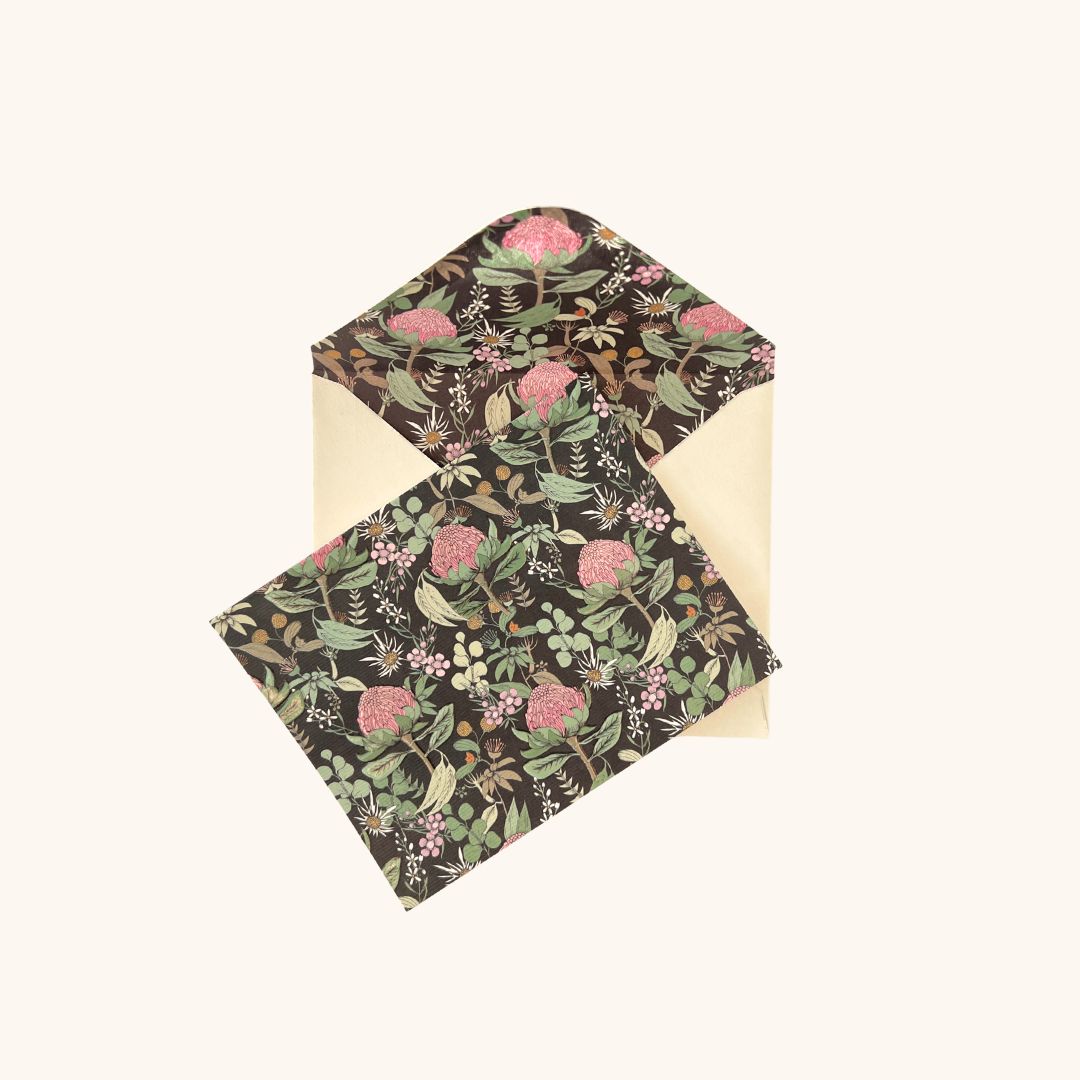 Floral patterned paper with a matching envelope on a white background