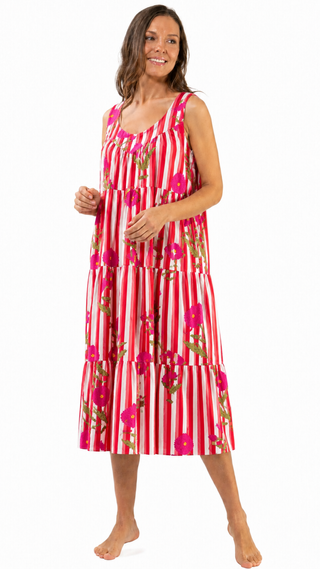 Lottie Cotton Maxi Dress Nightie – Pink Stripe Floral.