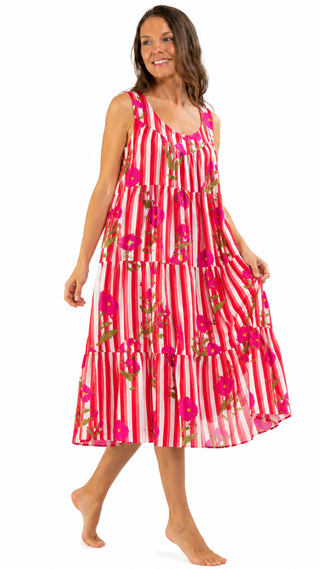 Lottie Cotton Maxi Dress Nightie – Pink Stripe Floral.