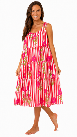 Lottie Cotton Maxi Dress Nightie – Pink Stripe Floral.