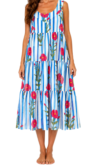 Irena Cotton Maxi Dress Nightie – Blue Stripe Floral