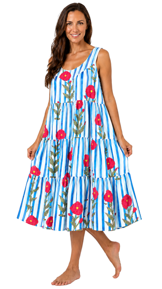 Irena Cotton Maxi Dress Nightie – Blue Stripe Floral