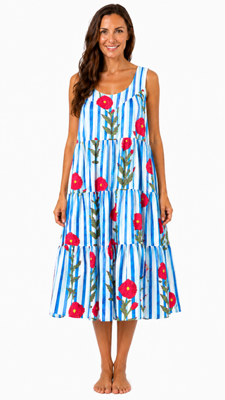 Irena Cotton Maxi Dress Nightie – Blue Stripe Floral