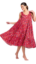 red floral cotton nightgown on model 