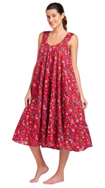 Plus size cotton nighty in red floral print shown on model 