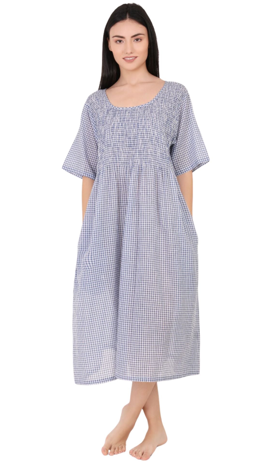 Blue gingham light cotton ladies nightie short sleeve Australia