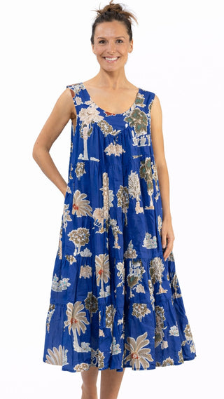 Blue palm print cotton maxi nightie on model front view – sleeveless relaxed fit summer nightgown Plus Sizes