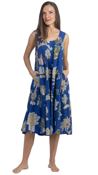 Blue Palm Cotton Maxi Dress Nightie with Pockets – Sleeveless