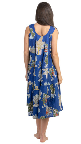 Blue Palm Cotton Maxi Dress Nightie with Pockets – Sleeveless