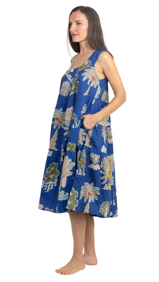 Blue Palm Cotton Maxi Dress Nightie with Pockets – Sleeveless