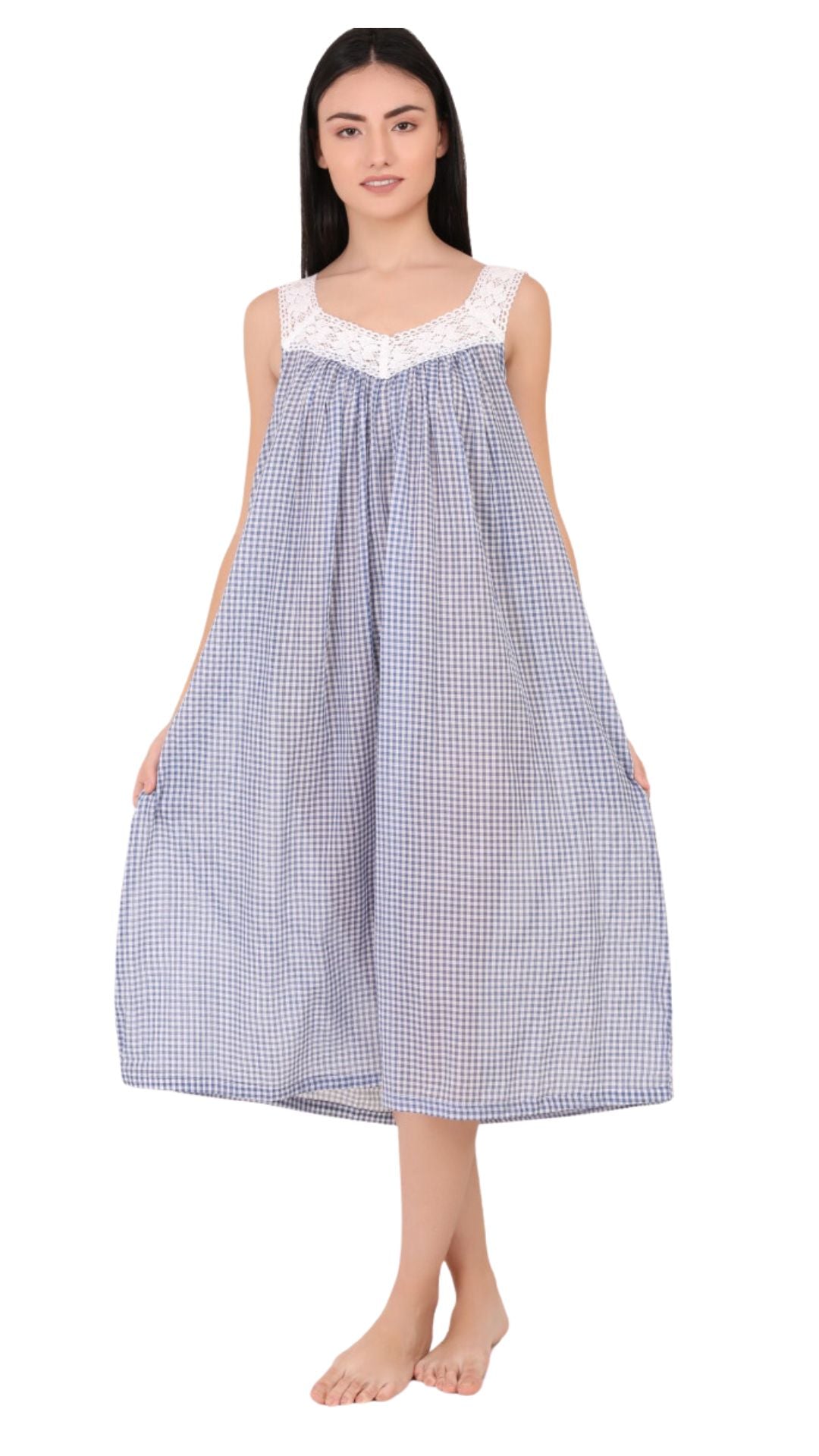 Bue gingham cotton nightie on model