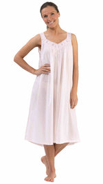 Light pink cotton night gown on model with white background sizes XS-3XL