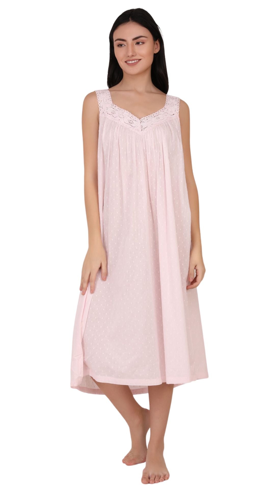 soft pink 100% pure cotton nightie on model with white background
