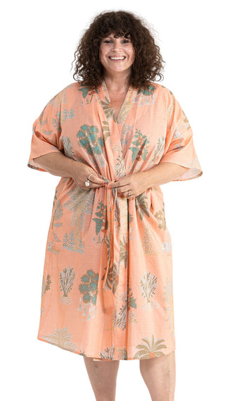 Bangalow Palm Short Sleeve Dressing Gown - Coral Pink