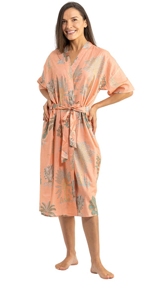 Bangalow Palm Short Sleeve Dressing Gown - Coral Pink