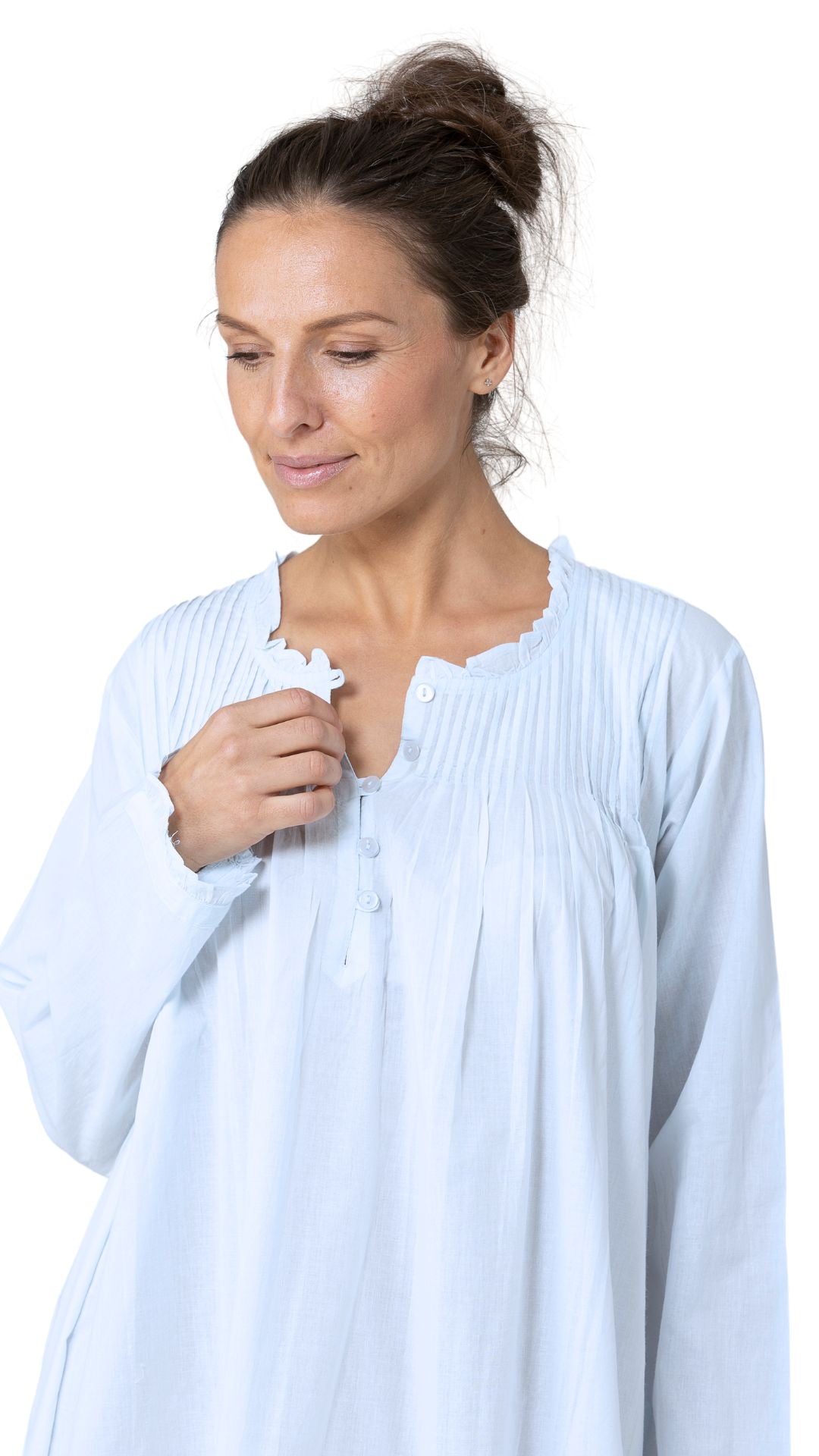 close up of neckline detail on cotton nightie