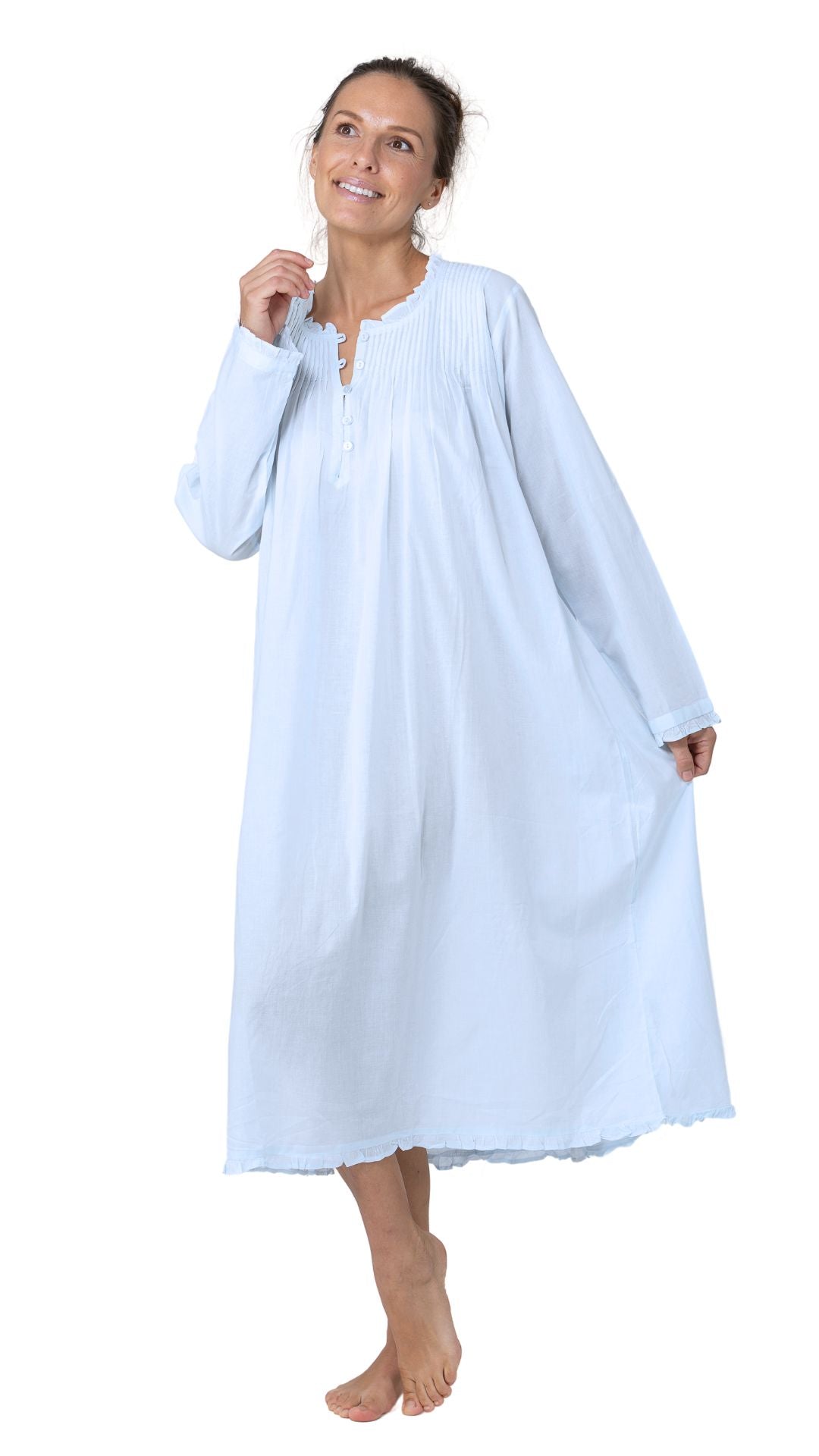 cornflower soft blue cotton night gown on model 