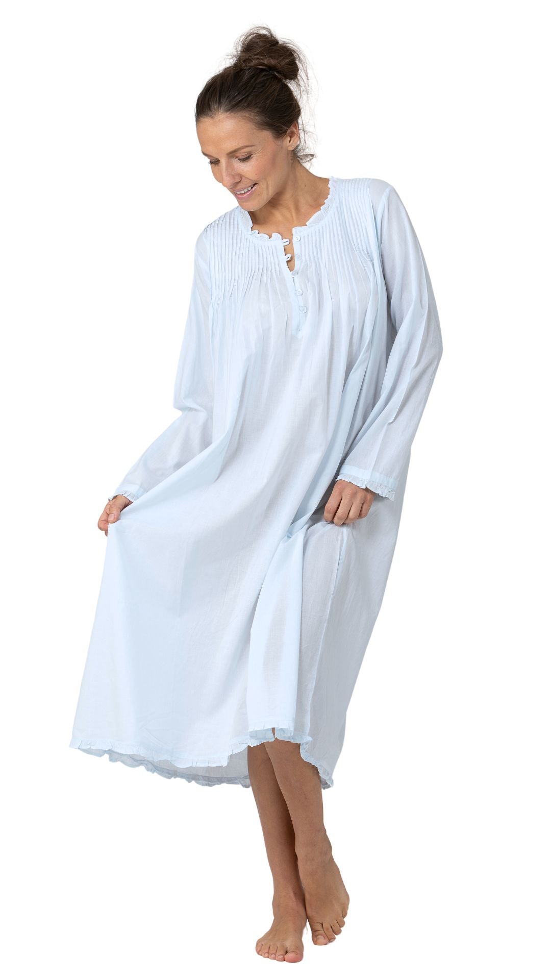 soft blue 100% cotton nightgown on model 