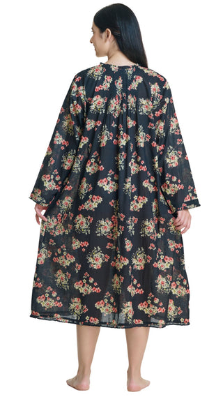 Model wearing black floral long sleeve cotton nightdress