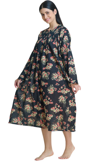 Model wearing long sleeve nightie in cotton black floral print