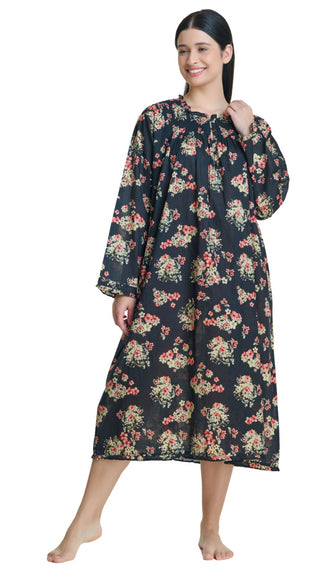 Woman wearing a black floral cotton nightgown on a white background