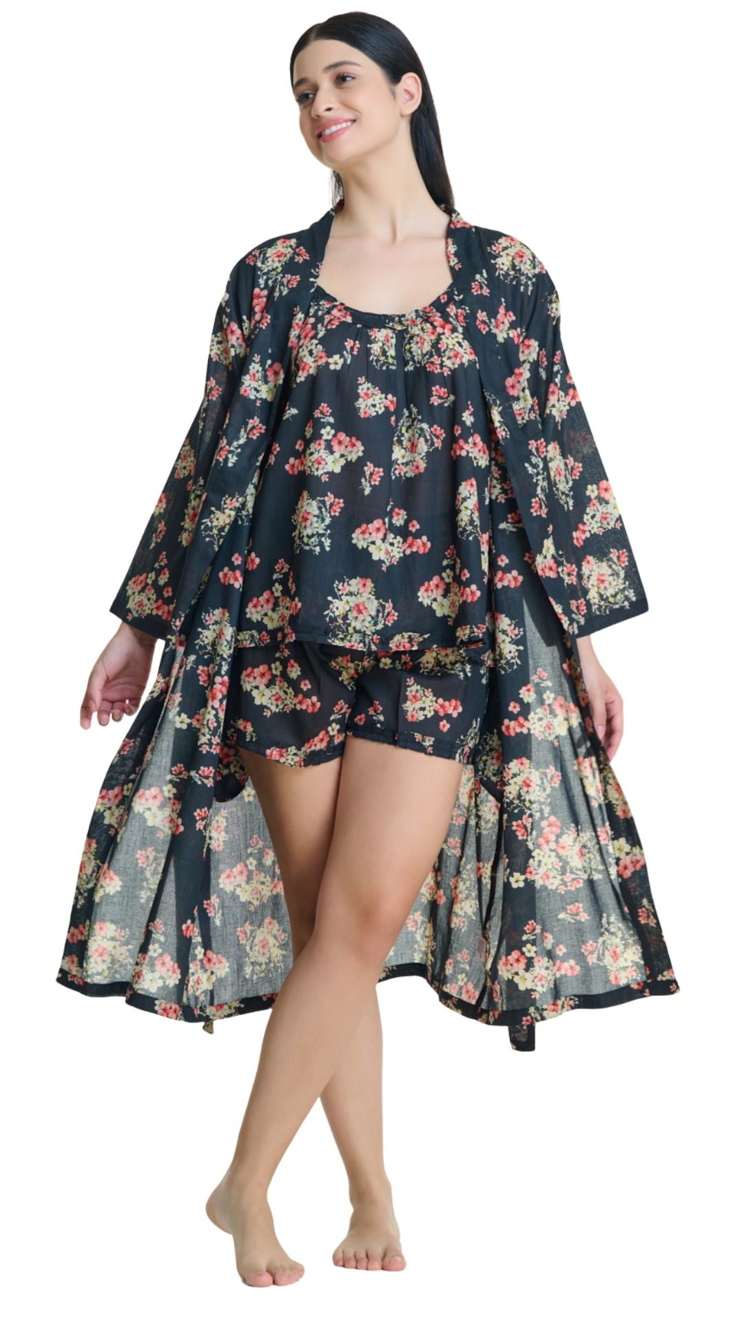 Dixie Black Floral Cotton Dressing Gown
