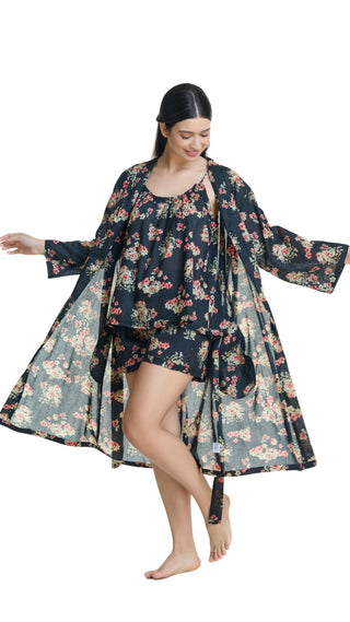 Dixie Black Floral Cotton Dressing Gown