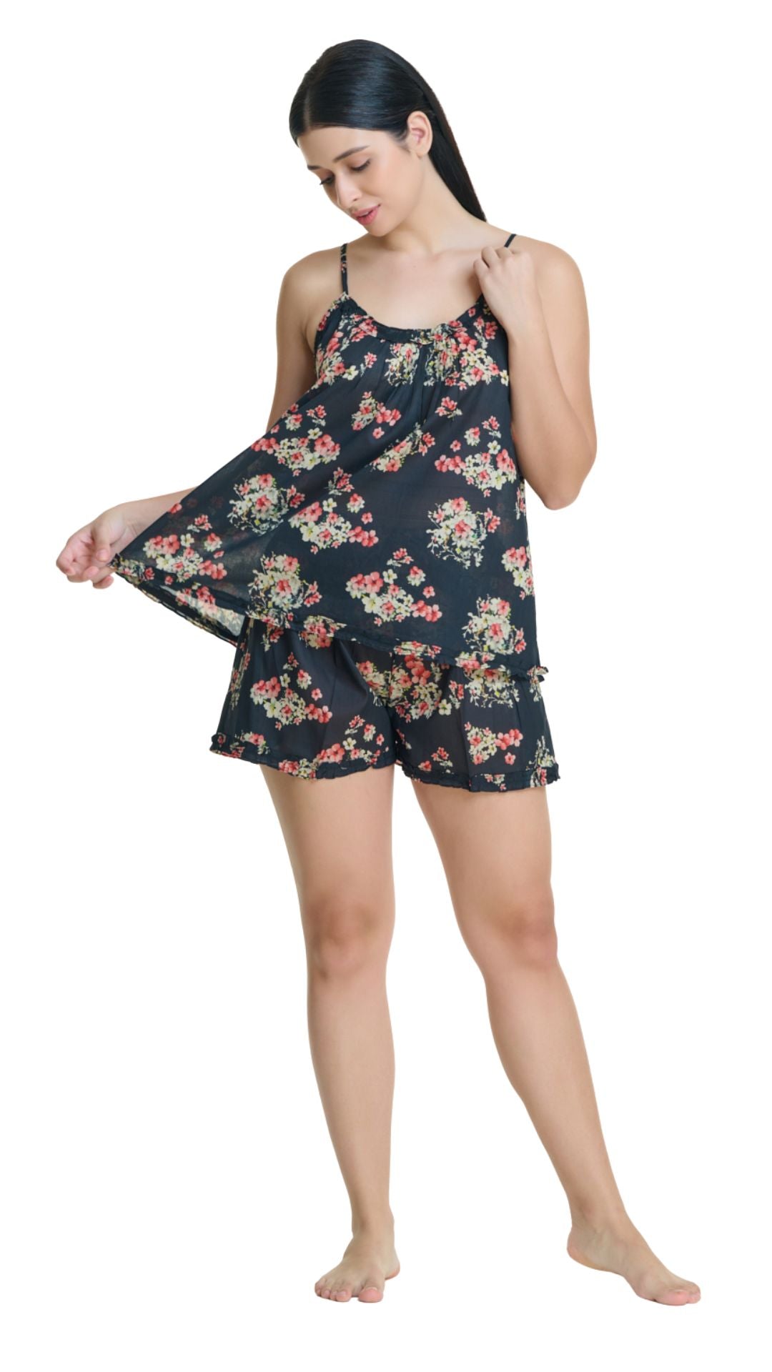 Woman wearing a black floral Cotton Pj set 