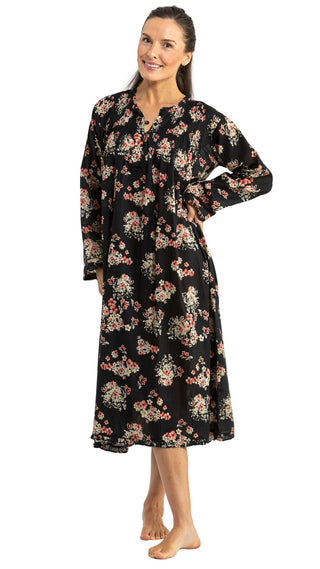 Dixie Black Floral Long Sleeve Cotton Nightie