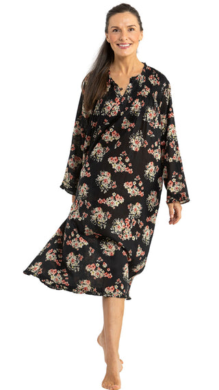 Dixie Black Floral Long Sleeve Cotton Nightie