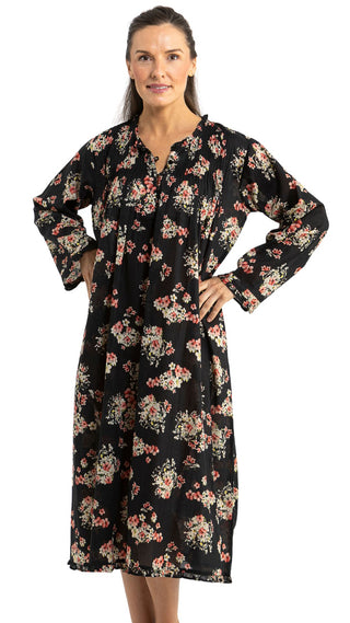 Dixie Black Floral Long Sleeve Cotton Nightie