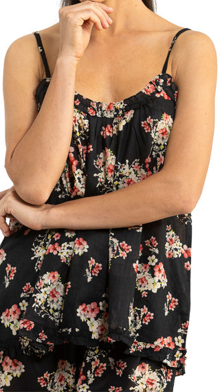 Close up of black floral ladies pj set