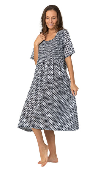 navy and white short sleeve cotton nightie on model plus size