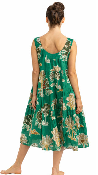 Emerald Palm Cotton Maxi Dress Nightie with Pockets – Sleeveless