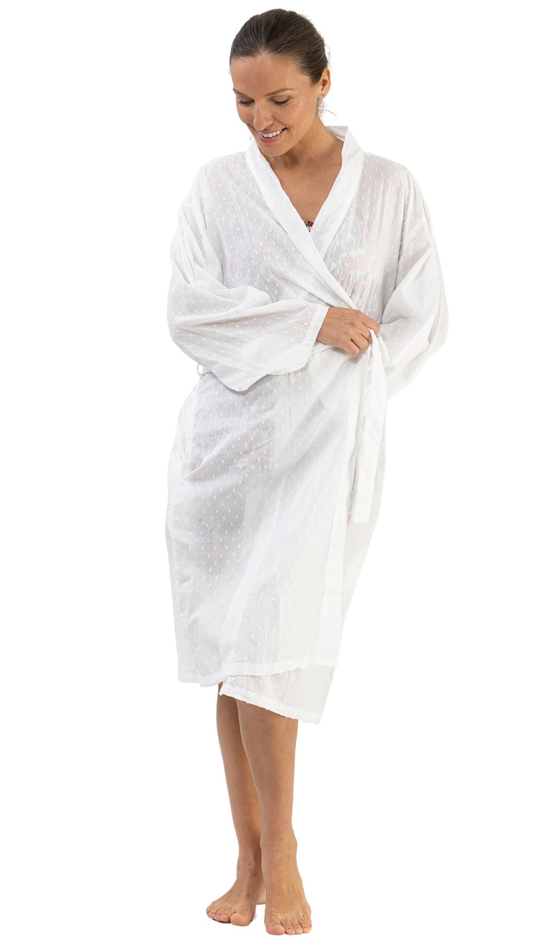 white cotton dressing gown on model 