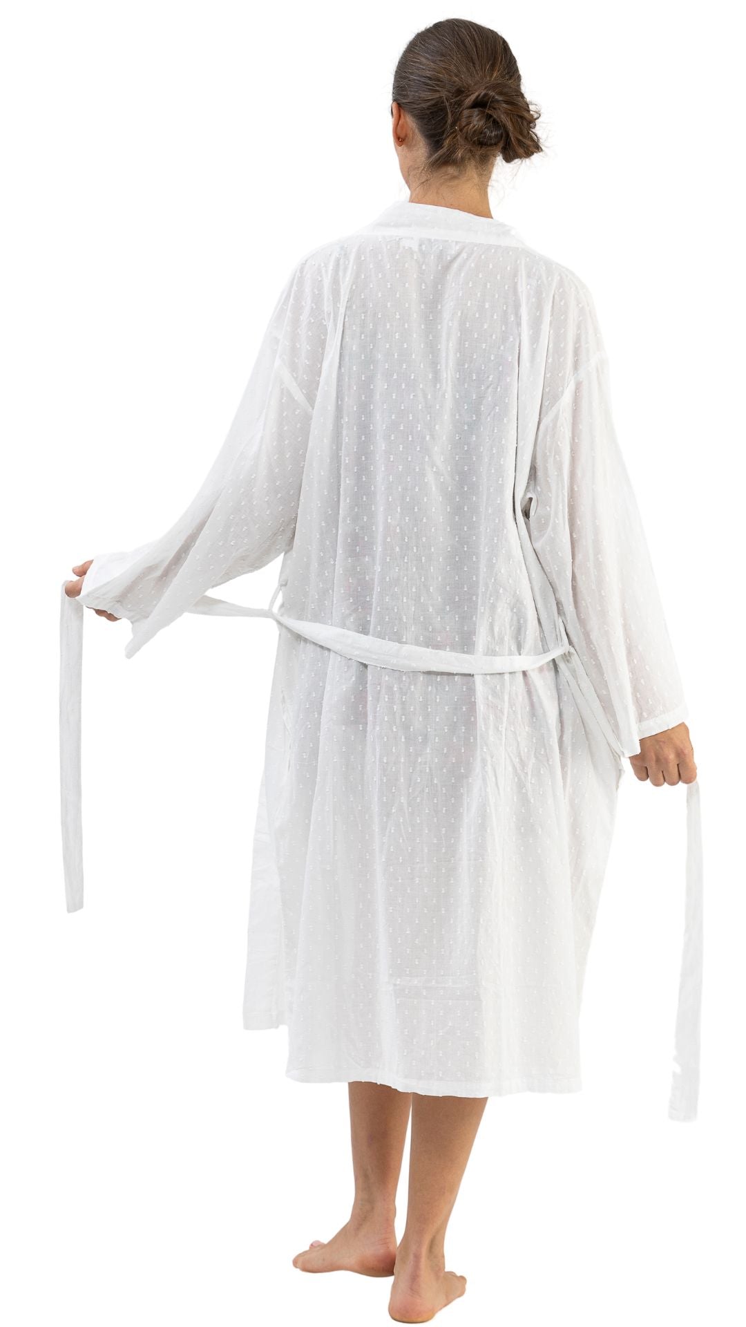 White cotton bath robe on model - plus size from Australia