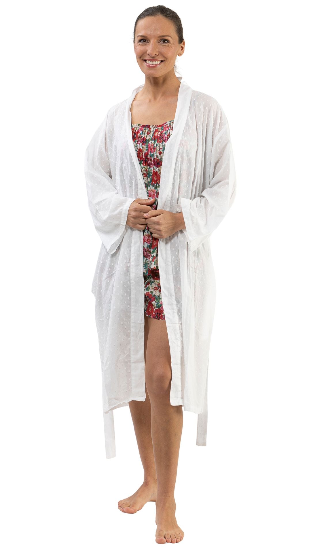 White cotton brunch coat on model 