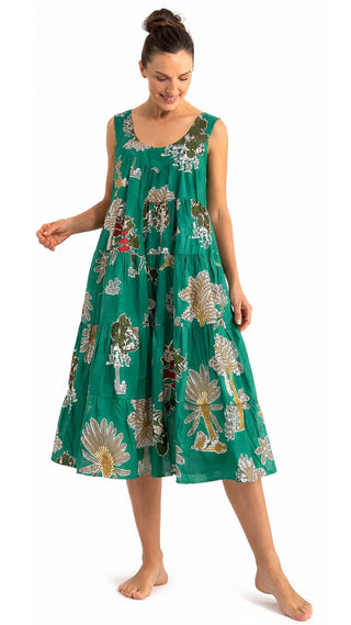 Emerald Palm Cotton Maxi Dress Nightie with Pockets – Sleeveless