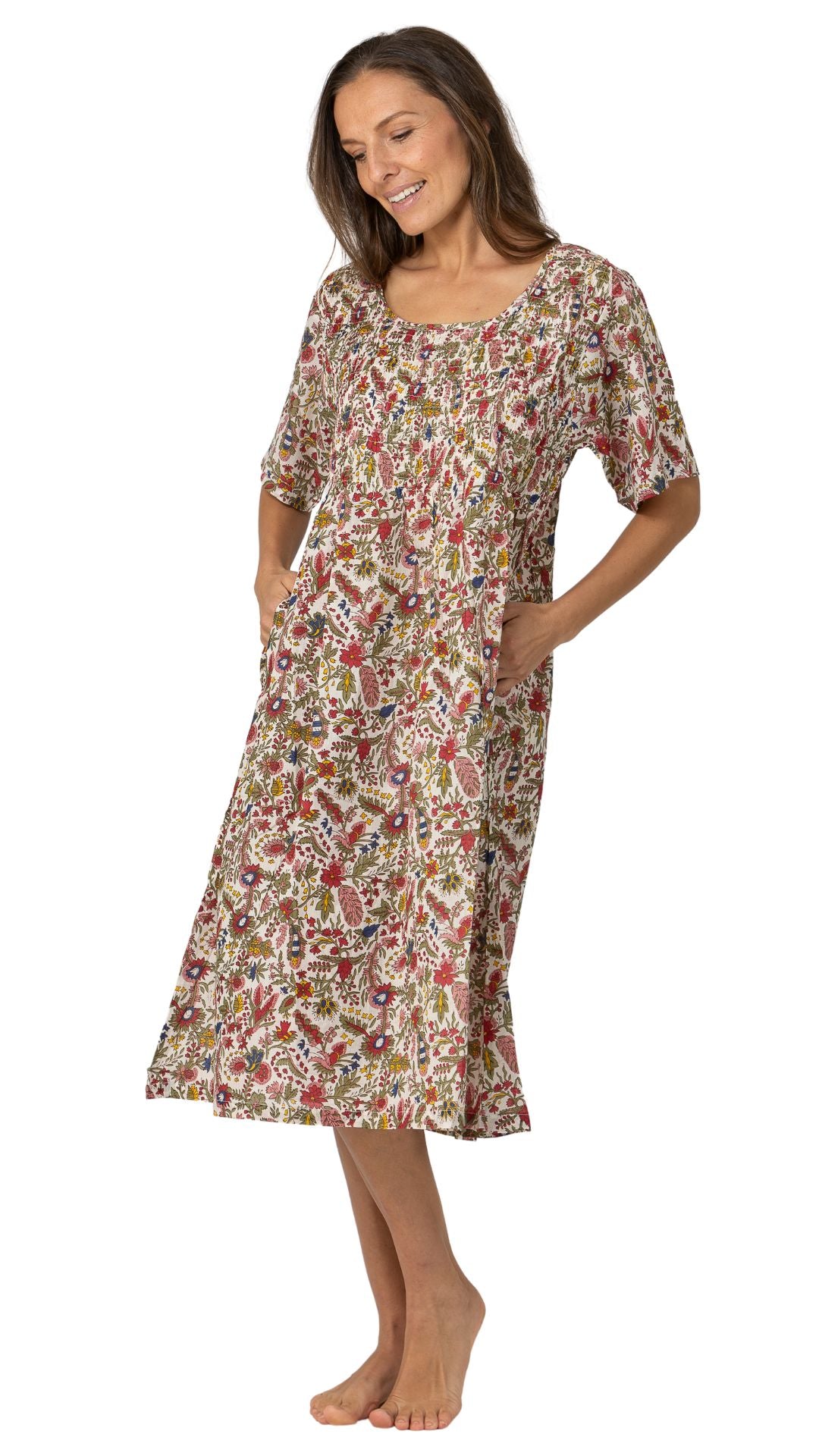 Short sleeve floral cotton night dress on model