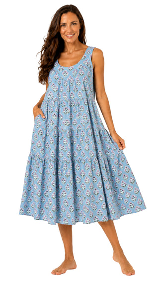 Hazel Cotton Maxi Dress Nightie – Blue Pink Floral
