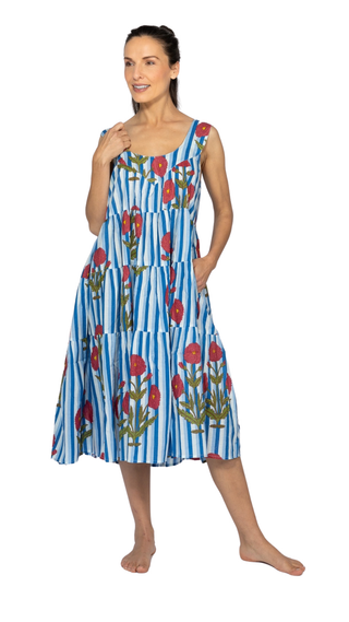 Irena Cotton Maxi Dress Nightie – Blue Stripe Floral
