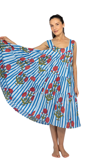 Irena Cotton Maxi Dress Nightie – Blue Stripe Floral
