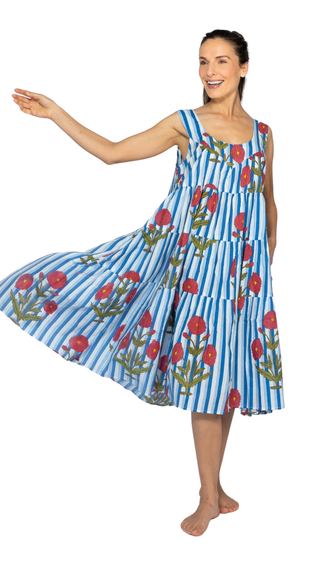 Irena Cotton Maxi Dress Nightie – Blue Stripe Floral