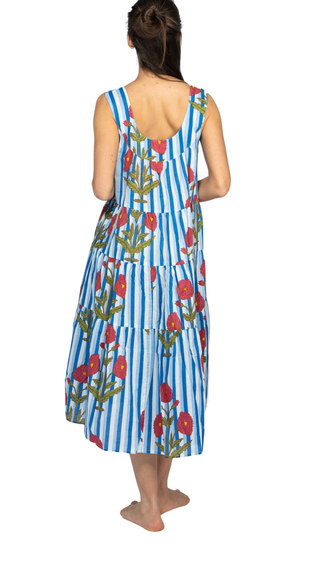 Irena Cotton Maxi Dress Nightie – Blue Stripe Floral